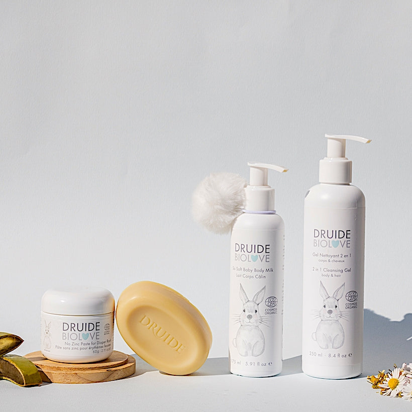 Coffret cadeau naissance bio bébé – gel nettoyant, lait corps, baume change et savon offert
